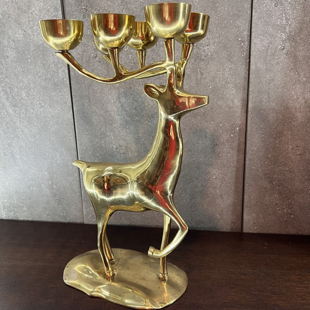 Vtg Heavy Brass Reindeer Elk Candelabra 6 Candle Holder Large 14" Tall